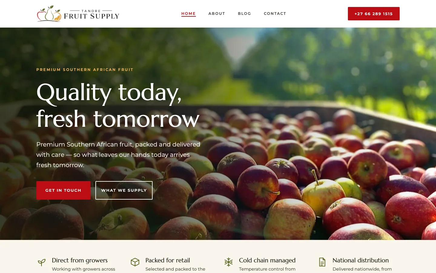 The tandrefruit.co.za homepage: an orchard photo behind the words Quality today, fresh tomorrow