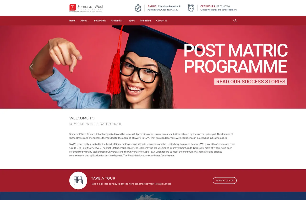 Somerset West Private School homepage with a post-matric programme banner