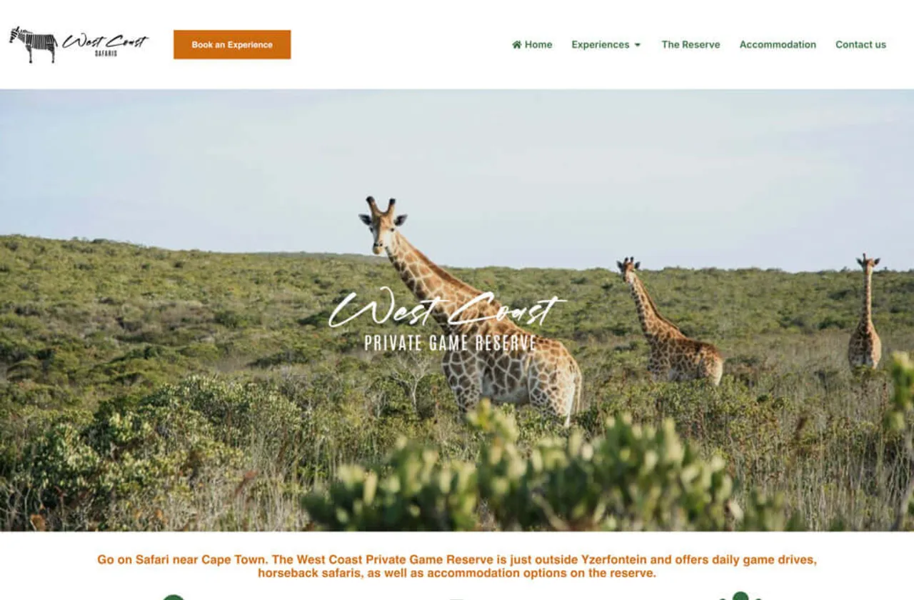 West Coast Private Game Reserve homepage with a photo of the reserve